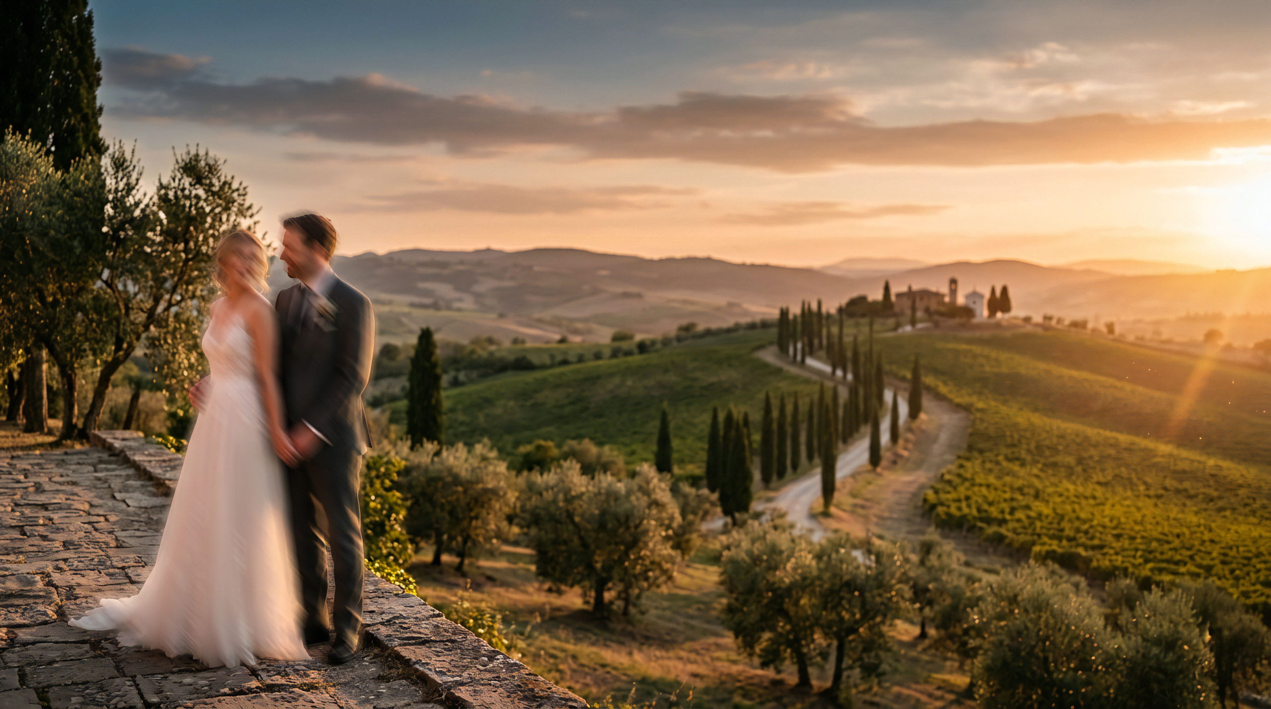 Bride and groom during a destination wedding in Tuscany surrounded by vineyards and rolling hills at sunset