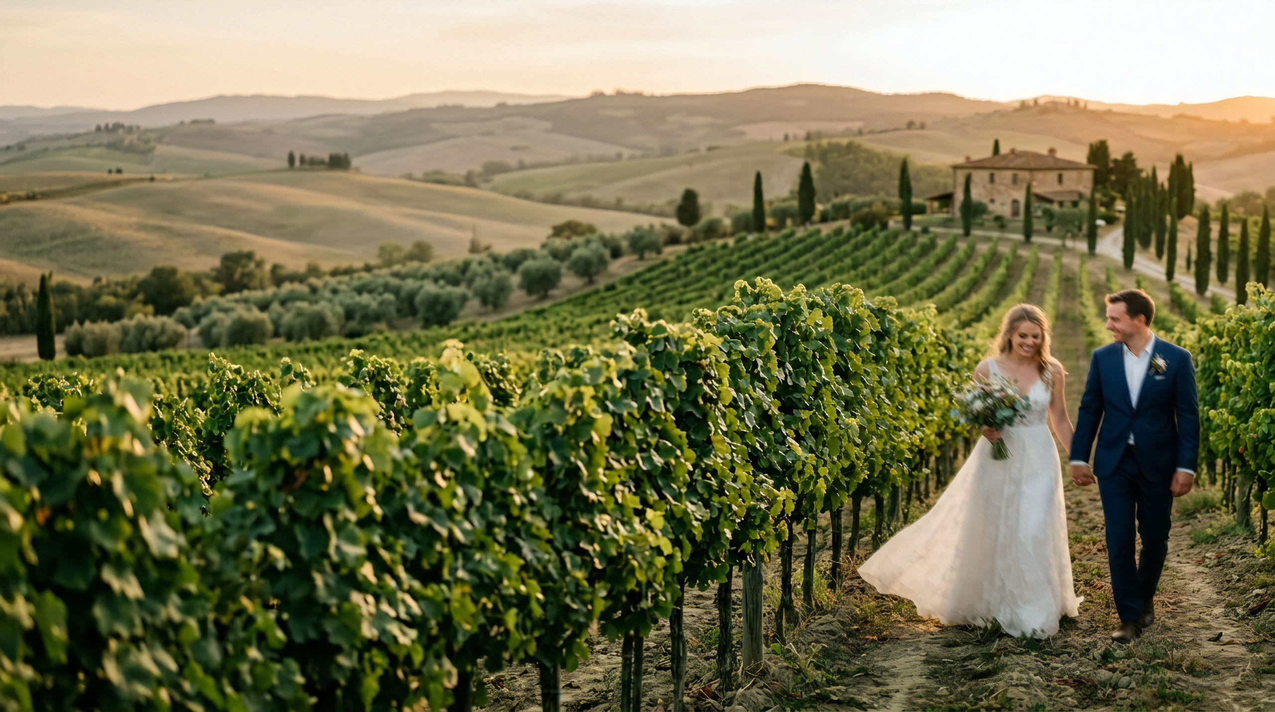 Sposi che camminano tra le colline di Siena durante il giorno del loro matrimonio