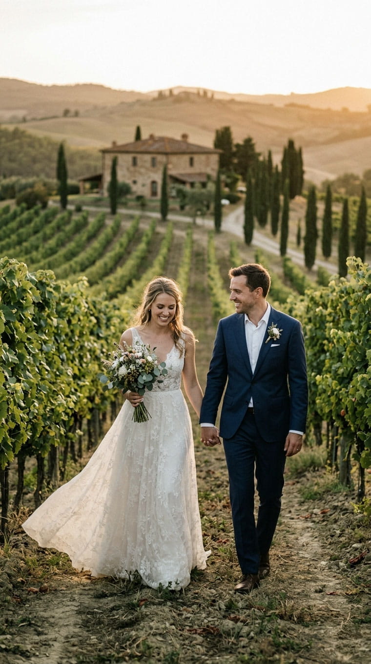 Sposi che camminano tra le colline della Toscana durante il giorno del loro matrimonio