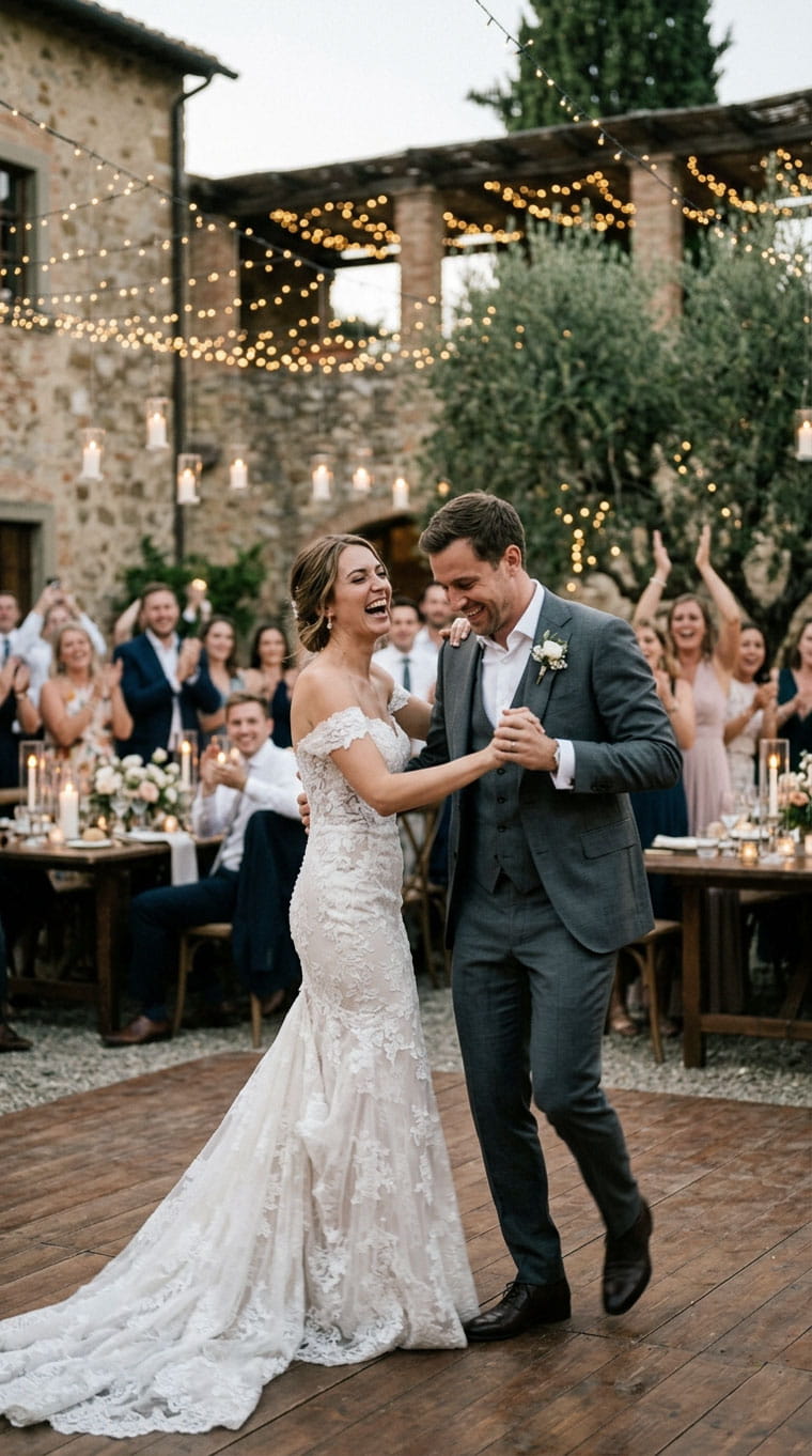Sposi che festeggiano e ballano durante il ricevimento di matrimonio in Toscana