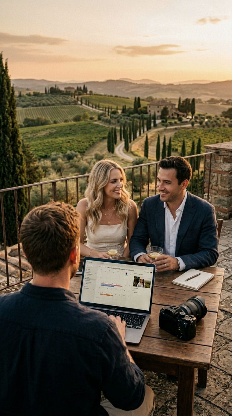 Videografo che incontra una coppia di sposi per pianificare il video del matrimonio in una location della Toscana