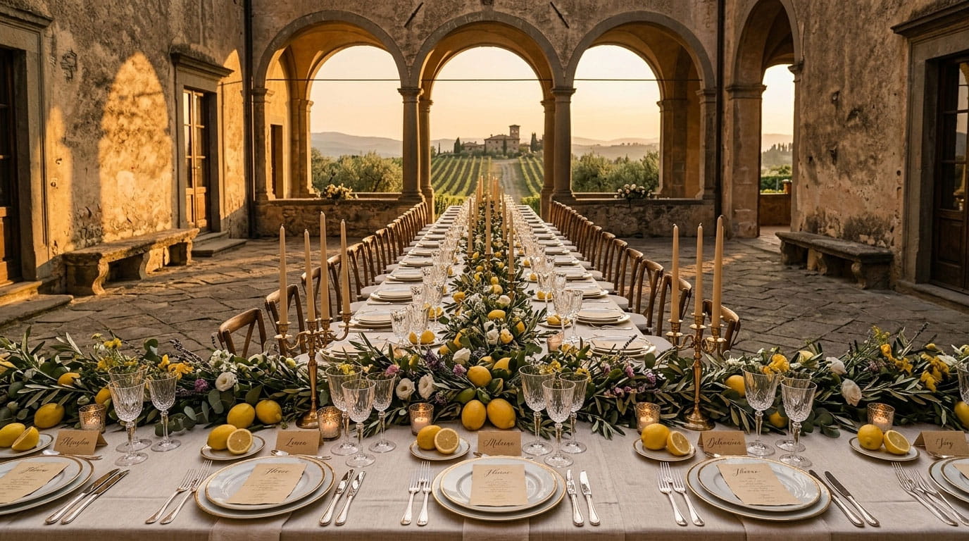 Location matrimonio in Toscana con tavolo imperiale decorato per il ricevimento