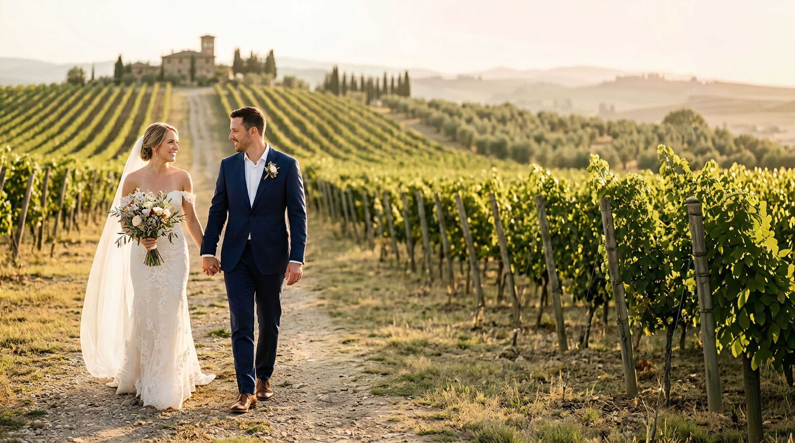 Sposi che camminano tra i vigneti della Toscana durante il tramonto ripresi per un wedding film
