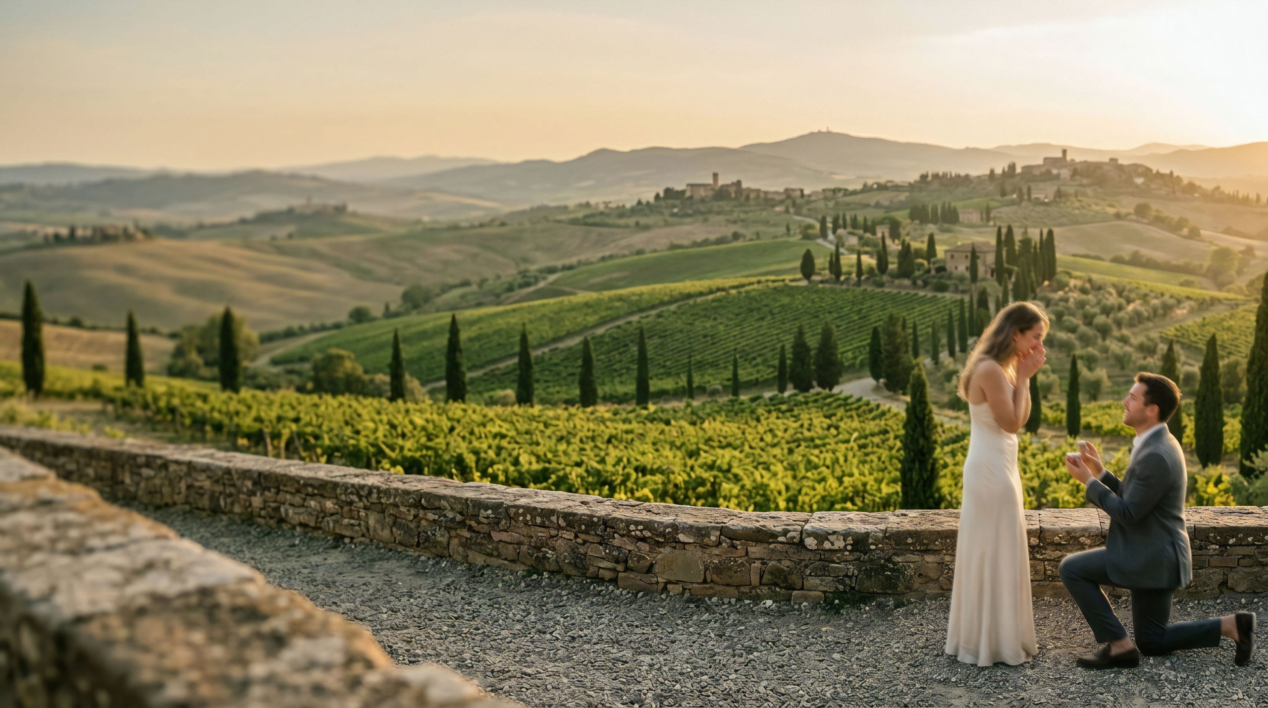 Uomo che fa una proposta di matrimonio romantica alla sua compagna nelle colline di Siena
