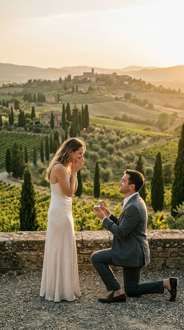 Uomo che fa una proposta di matrimonio romantica alla sua compagna nelle colline della Toscana