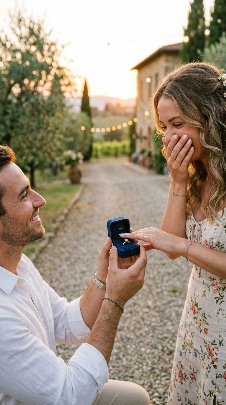 Coppia tra le colline della Toscana in una location romantica per proposta di matrimonio