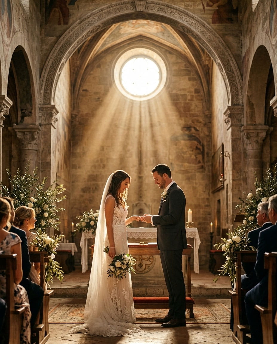 Scambio degli anelli durante una cerimonia di matrimonio in chiesa a Siena con luce naturale cinematografica