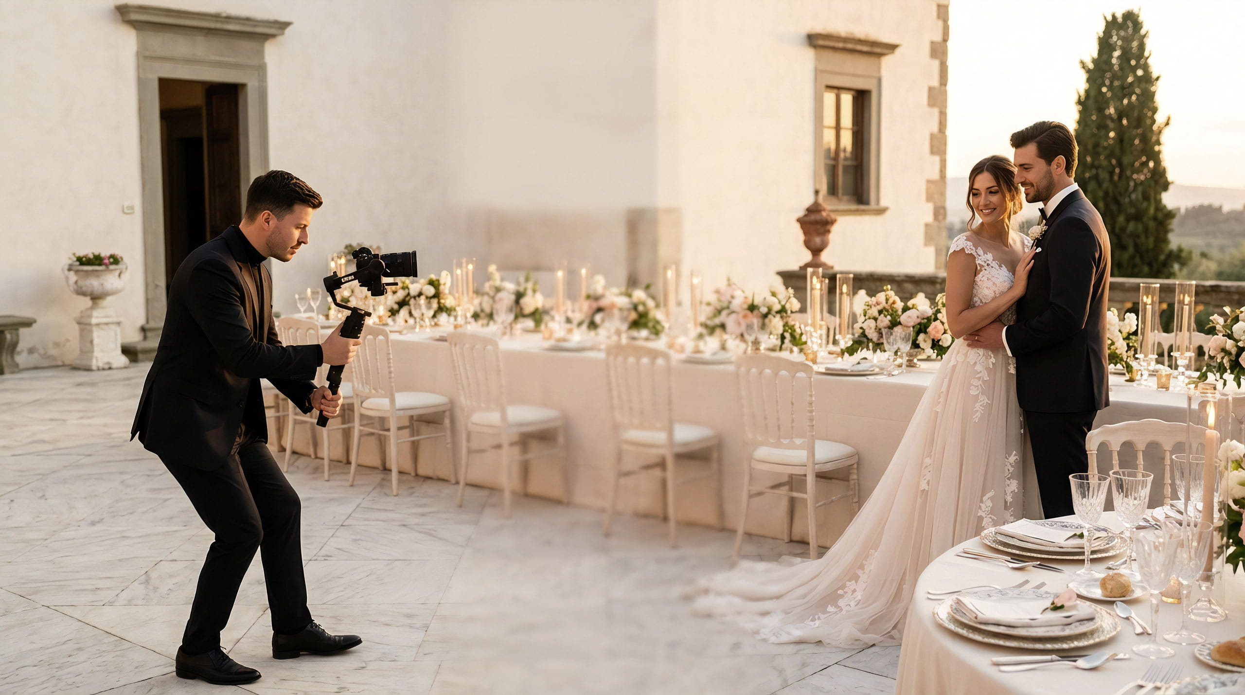 Videografo matrimonio a Siena che filma una coppia di sposi in una location di lusso in Toscana