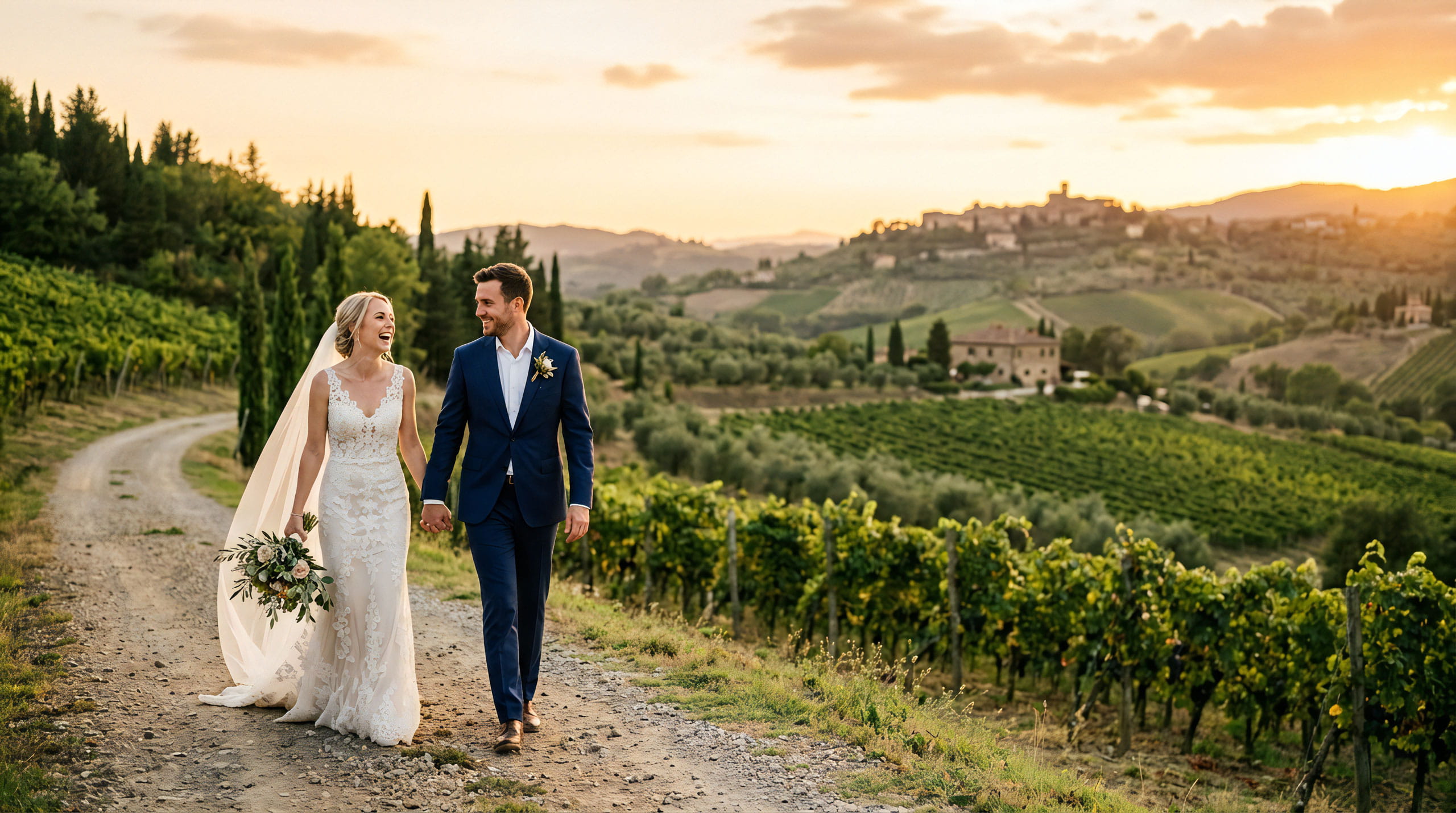 Sposi sorridenti durante il loro matrimonio a Siena