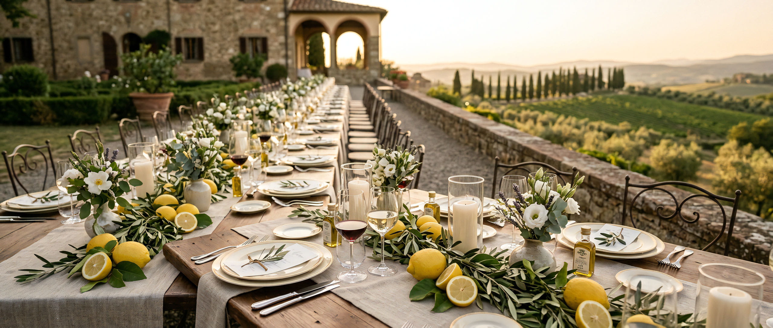 Tavolata imperiale decorata con limoni durante un matrimonio in una location tipica della Toscana