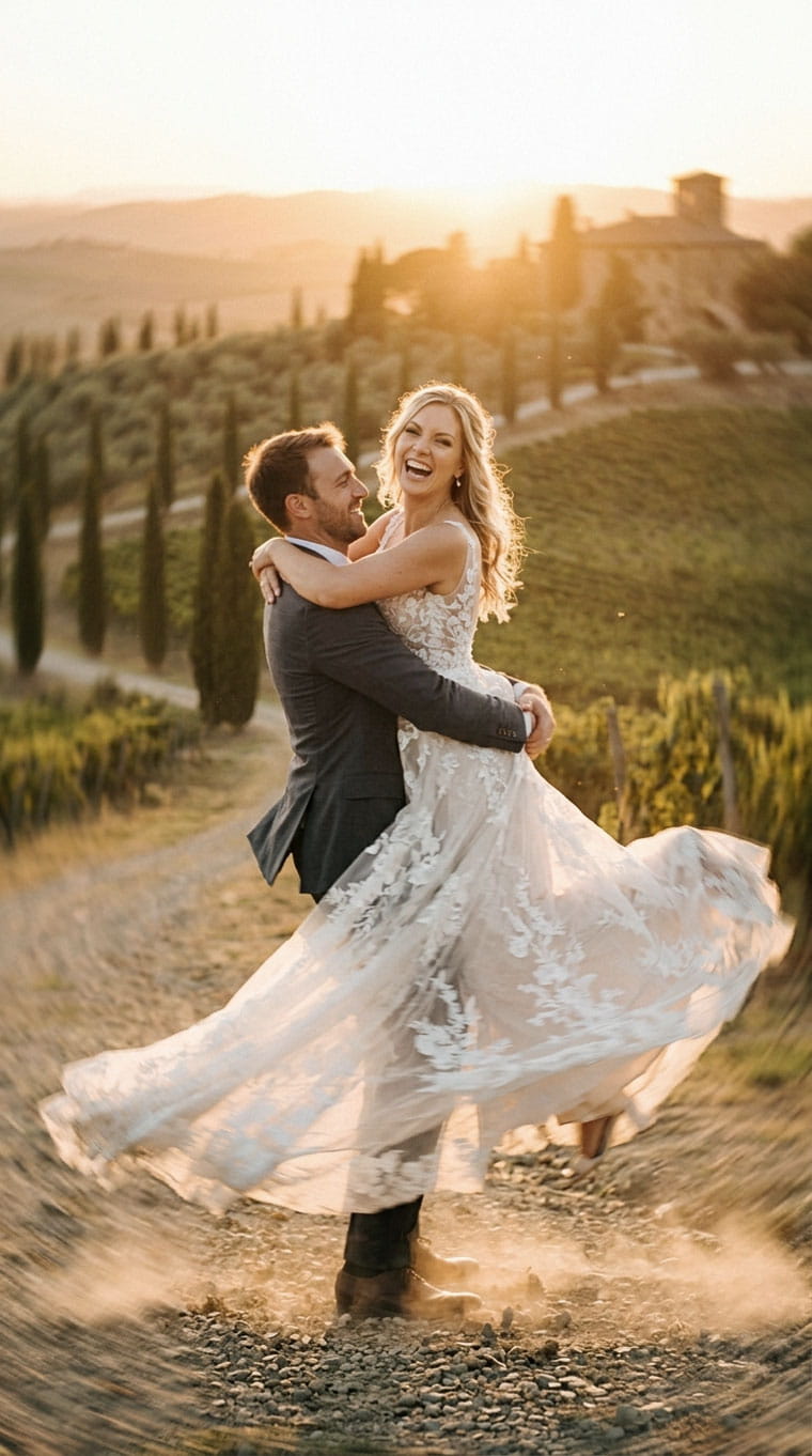 Sposo che solleva e fa girare la sposa durante il matrimonio con effetto motion blur cinematografico
