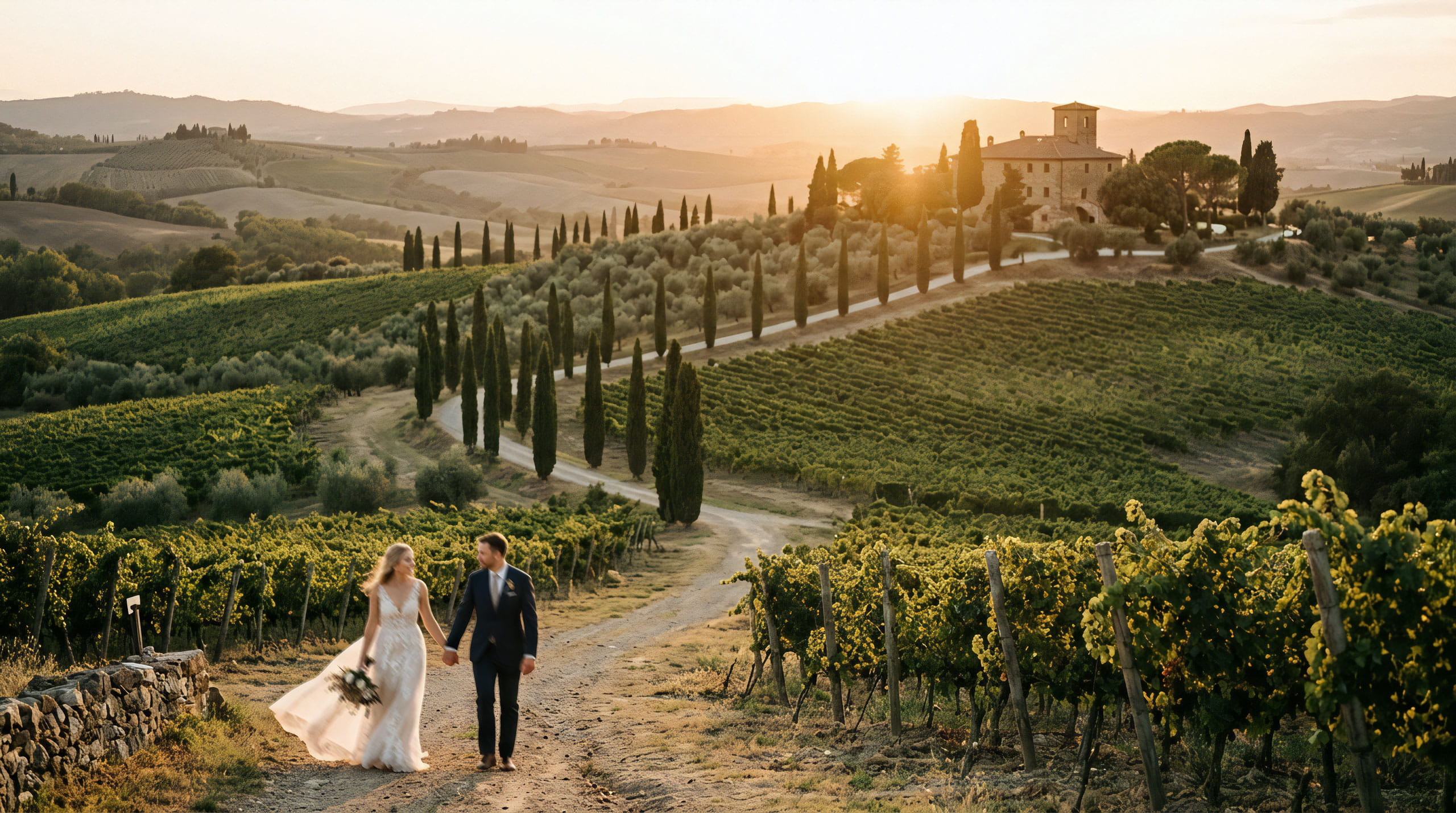 Sposi al tramonto nelle colline della Toscana durante un matrimonio romantico ripreso da un videografo di matrimonio a Siena
