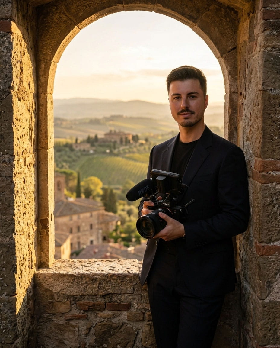 Videografo matrimonio a Siena con videocamera in un castello con vista sulla città di Siena