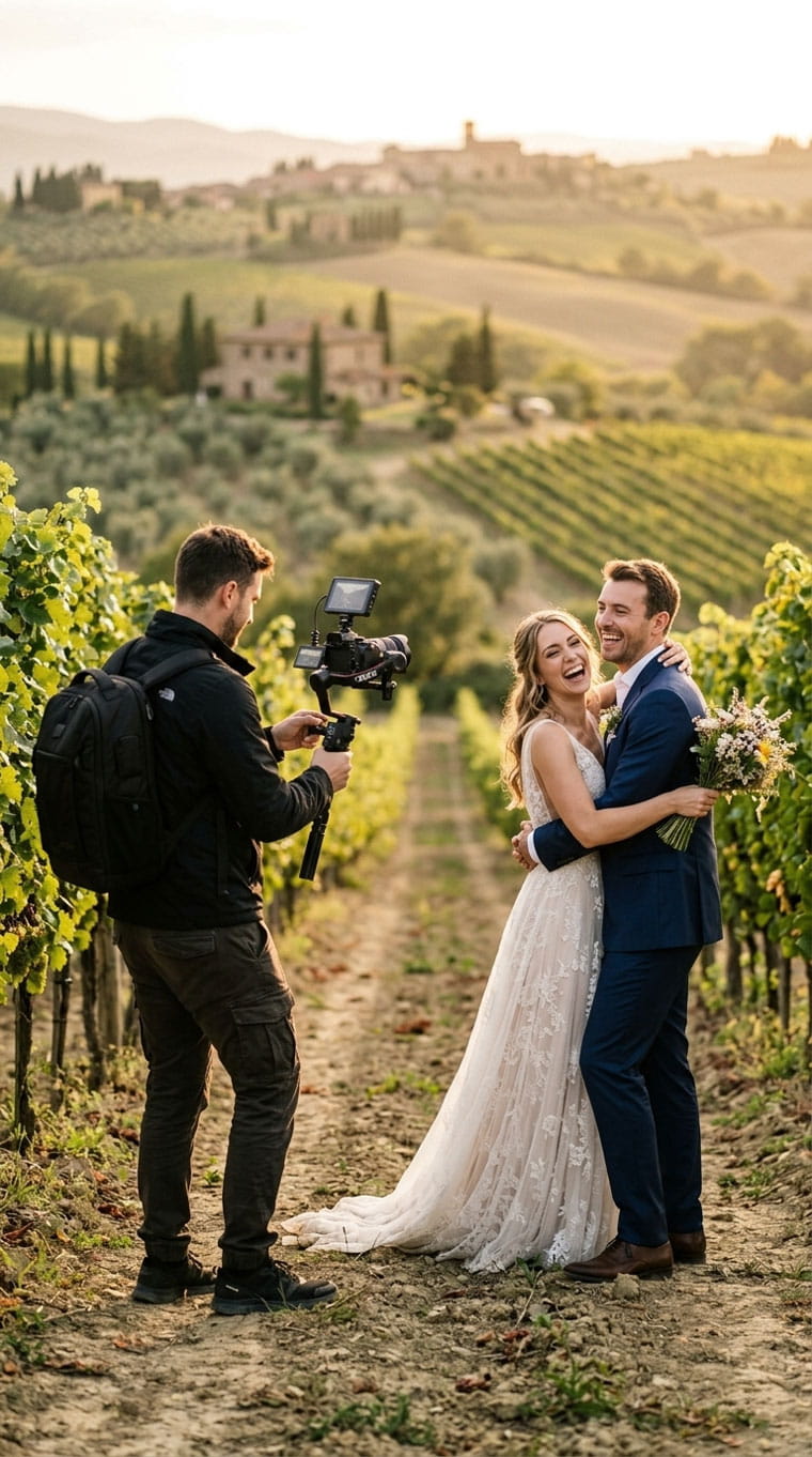 Videografo matrimonio a Siena che riprende gli sposi durante un momento spontaneo tra le colline della Toscana