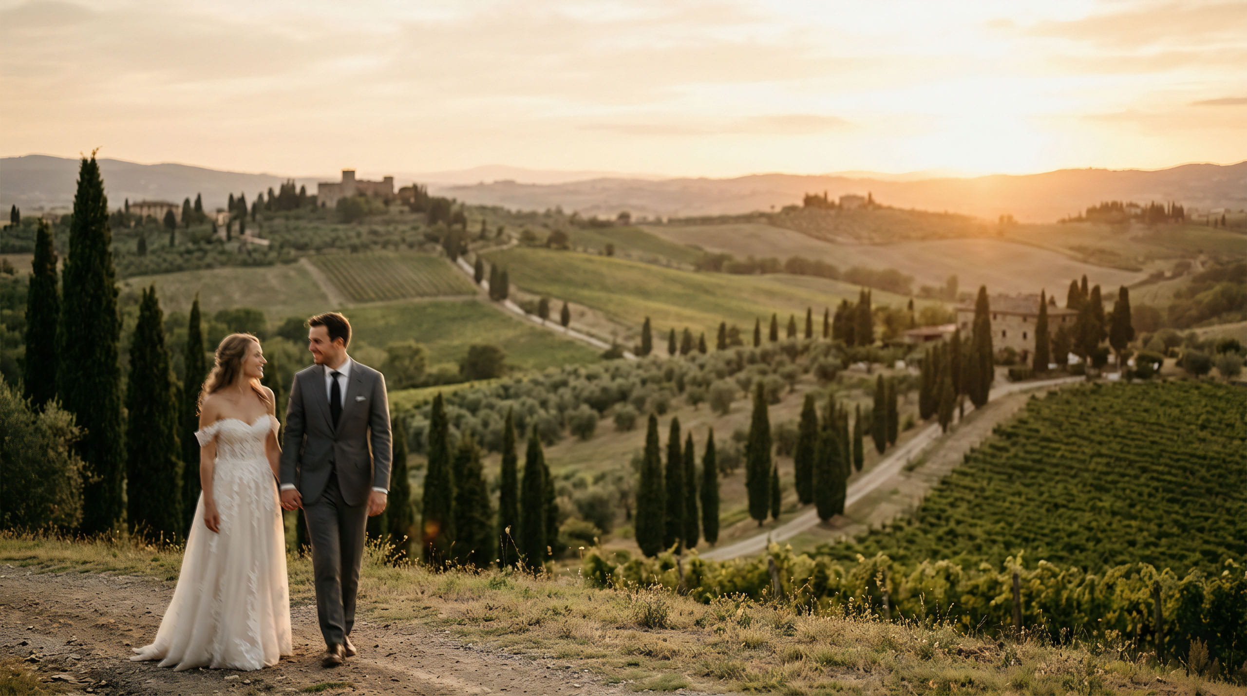 Sposi romantici al tramonto nelle colline toscane durante un matrimonio in Toscana